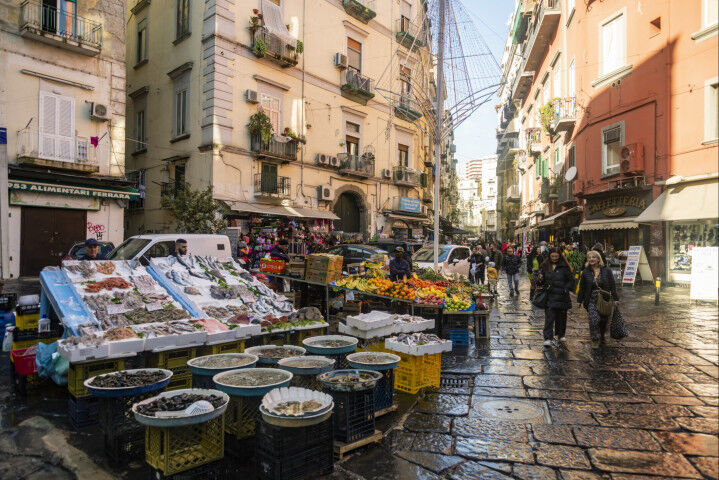 Famous market at Pignasecca district in the heart of the city of Naples historic center